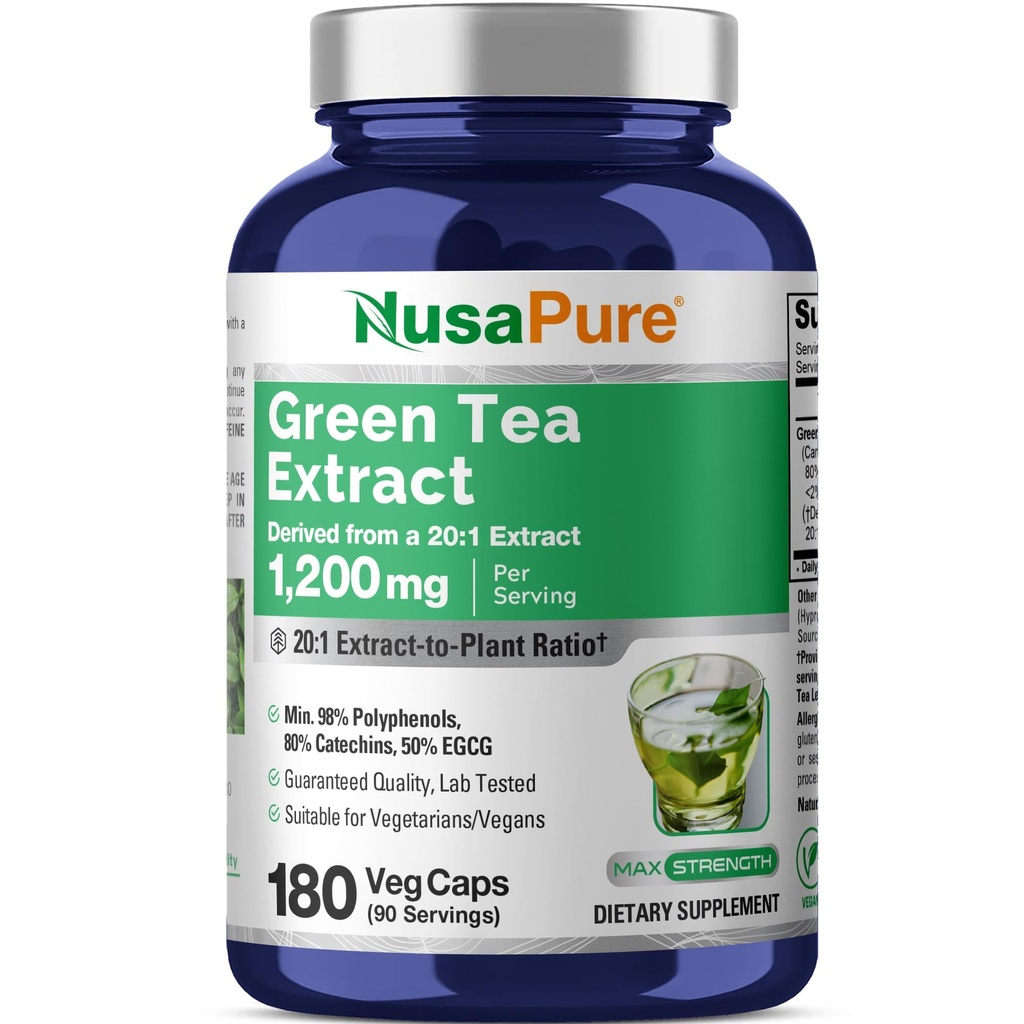 NusaPure 녹차 20:1 추출물, 24000mg, 180 Vegan 캡슐, 50% EGCG, 98% 폴리페놀, 80% Catechins와 동등한 1200 mg