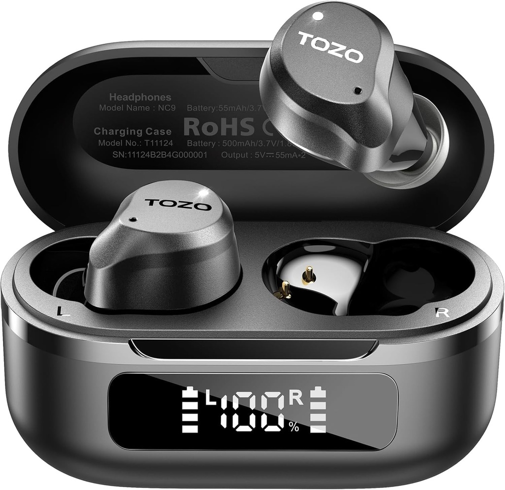 TOZO NC9 잡종 능동 소음 차단 무선 이어폰, 6 Mics ENC 명확한 외침, IPX8는, 귀 Bluetooth 5.3에서 방수 처리합니다 헤드폰 입체 음향 베이스 귀 Buds 59H APP를 통해 발광 다이오드 표시 32 EQs를 가진 가동