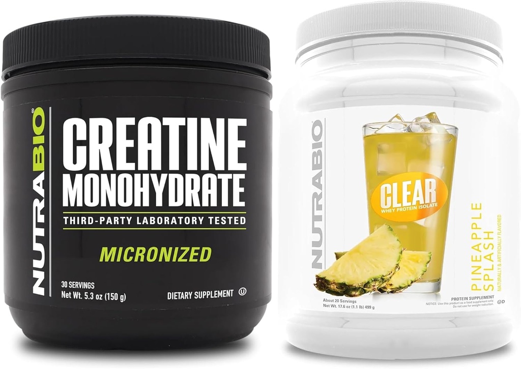NutraBio Creatine Monohydrate, Unflavored, (150 g) 및 Clear Whey Protein Isolate, (Pineapple Splash) 보충교재 번들 - 근육 에너지, 최대 성장, 회복 및 힘