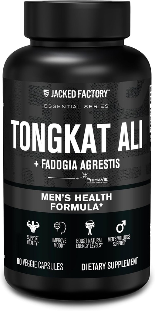 Jacked Factory 인도네시아 Tongkat Ali + Fadogia Agrestis - 200 : 1 Fadogia Agrestis 600mg 및 Primavie Shilajit를 사용하여 남성을위한 Longjack Tongkat Ali를 추출하고 Vitality, Energy 및 Mood - 60 캡슐을 지원합니다.