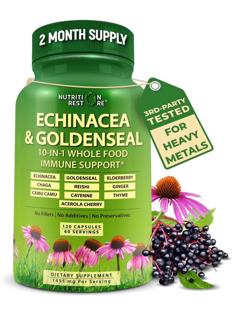 Echinacea Goldenseal 캡슐 - 1개의 면역 지원 보충교재에 대하여 10 - 1455mg - 유기 전체적인 음식으로 만드는 Vegan Echinacea 캡슐 보충교재 - 초본 면역 체계 지원 - 2 달 공급
