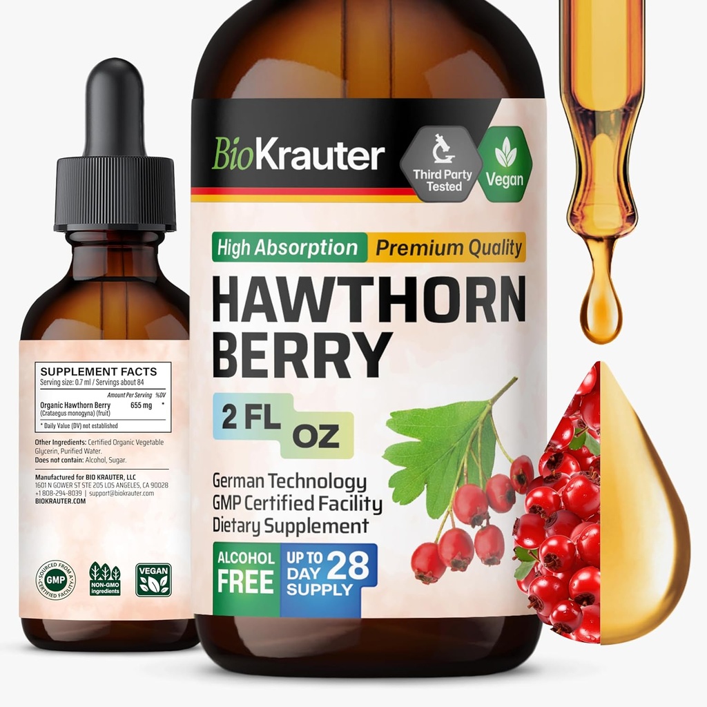 BIO KRAUTER® Hawthorne Berry 보충교재 - 순수한 채식주의자 Hawthorn 베리 액체는 2 Fl.Oz를 봉사 당 655 mg를 28 공급의 일 - 전반적인 지원 & 매일 웰니스를 위해 사용해 - 알콜 & 설탕 자유로운