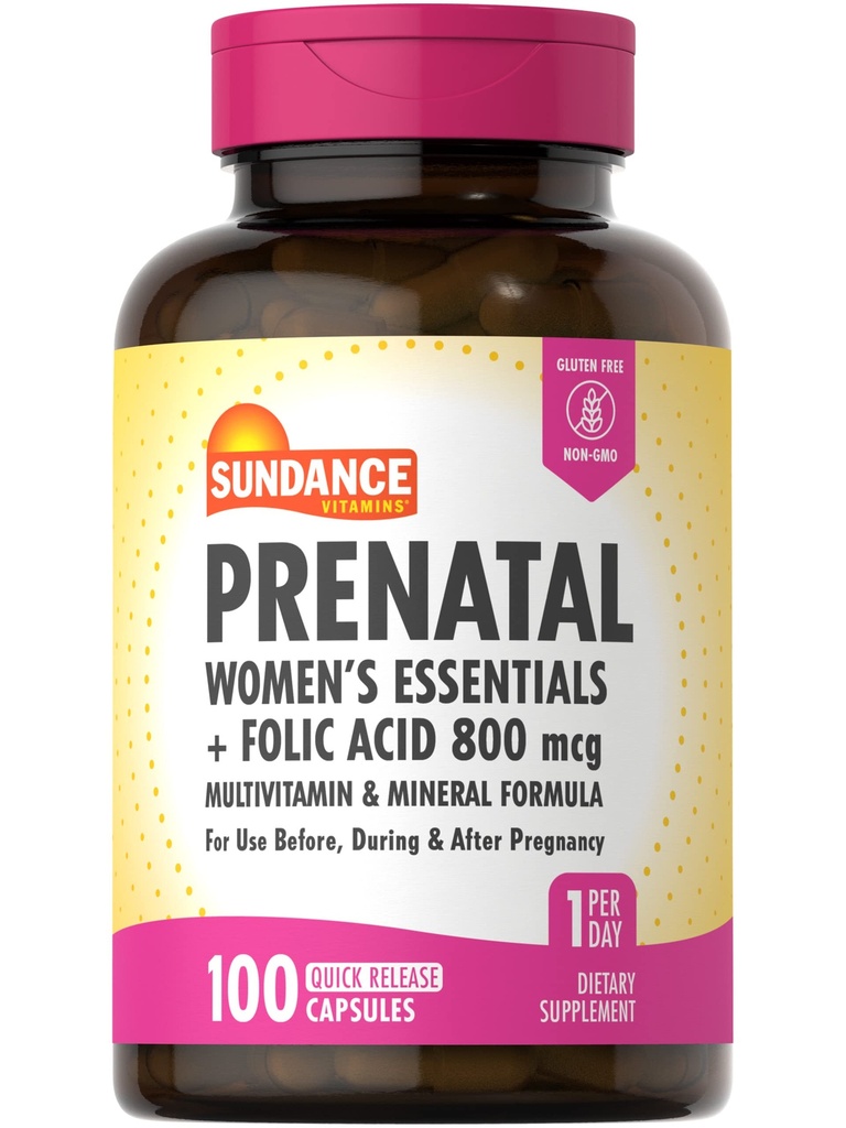 Sundance Prenatal Multivitamin | Folic Acid | 100 빠른 릴리스 캡슐 | 800 mcg | Non-GMO, Gluten 무료 보충 여성