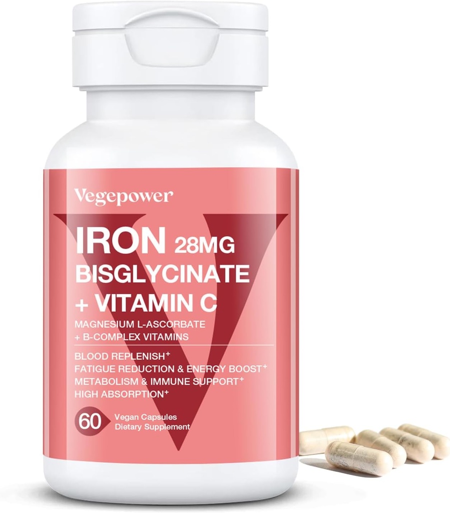 여자를 위한 철 보충교재, Vegan 철 Bisglycinate 28mg 플러스 비타민 C의 엽산 - Anemia, 철 부족 & 에너지 지원을 위한 철 알약 - 높은 흡수, 글루텐 자유로운, 비 GMO - 60의 캡슐