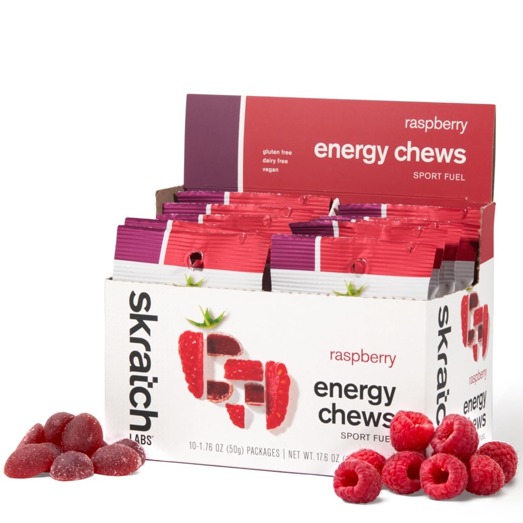 Skratch Labs Energy Chews | 달리기, 사이클링, 스포츠 퍼포먼스|젤 대안 | 라즈베리 (10 팩) | 글루텐 프리, 비건