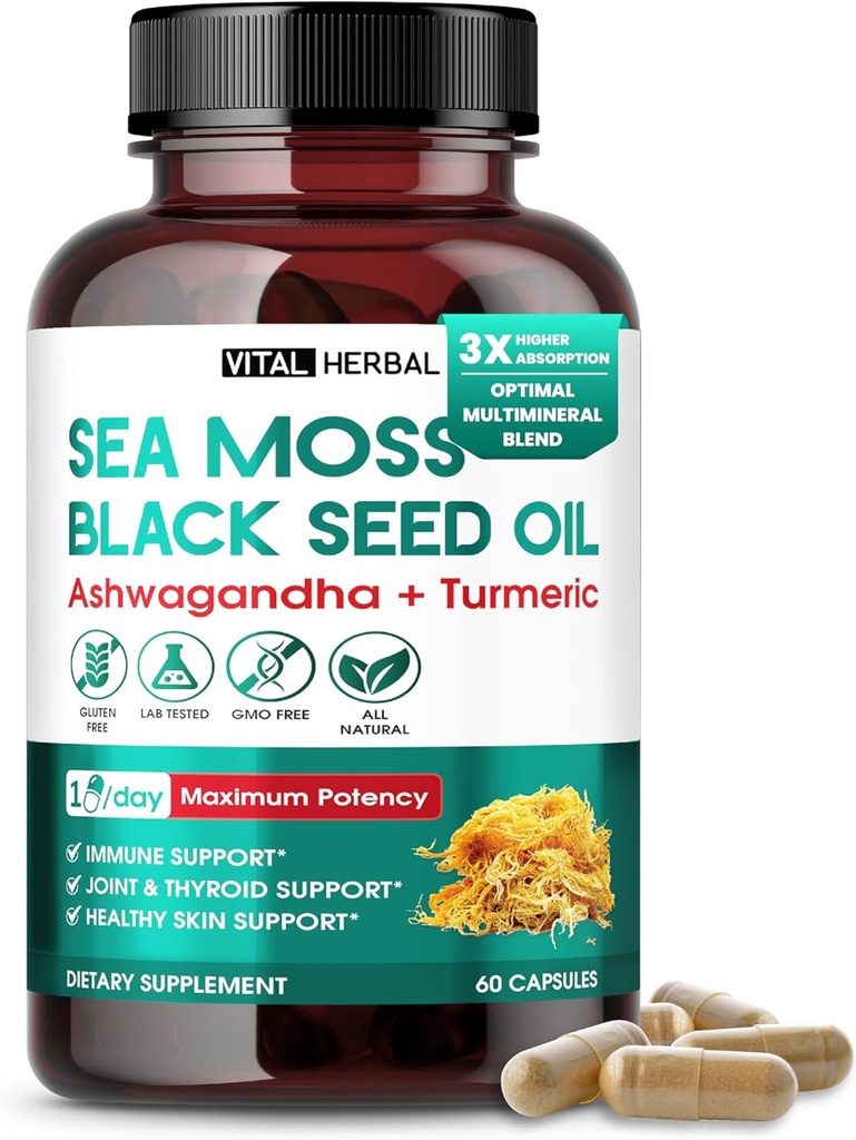블랙 씨 오일, Ashwagandha, Turmeric & Moringa와 바다 모스 – Immune, 합동 & 피부 지원 보충교재 – 60 캡슐 – Vital Herbal – 실험실 테스트, 비 GMO, 미국에서 만든