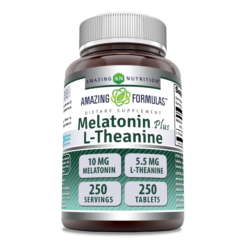 놀라운 수식 Melatonin 플러스 L-Theanine 10 mg 정제 보충 | Non-GMO | 글루텐 무료 | 미국에서 만든 (10 mg, 250, 카운트)