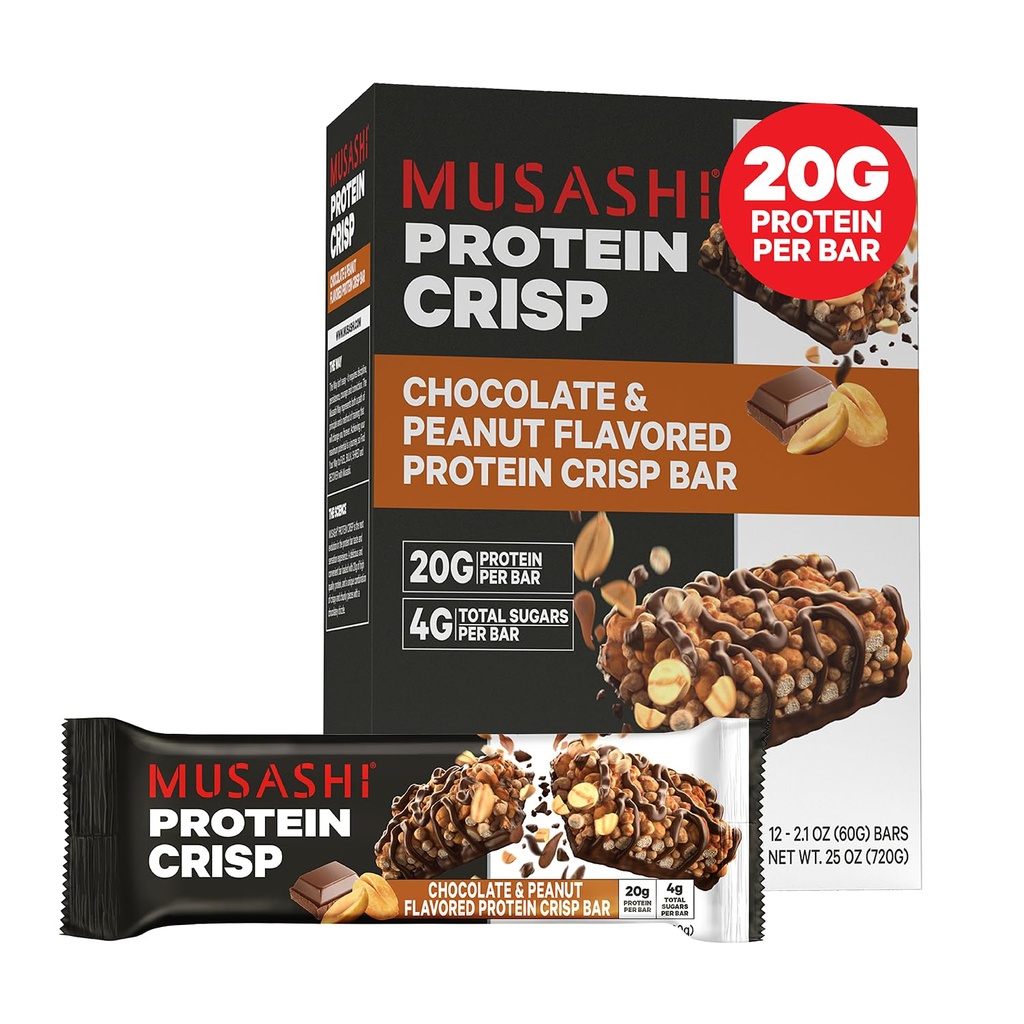 MUSASHI Protein Crisp Bar, 20g Protein, 4g Total Sugars, Chocolate & Peanut, Post 운동 및 스낵 이동, 2.1oz (60g) 바 12 팩