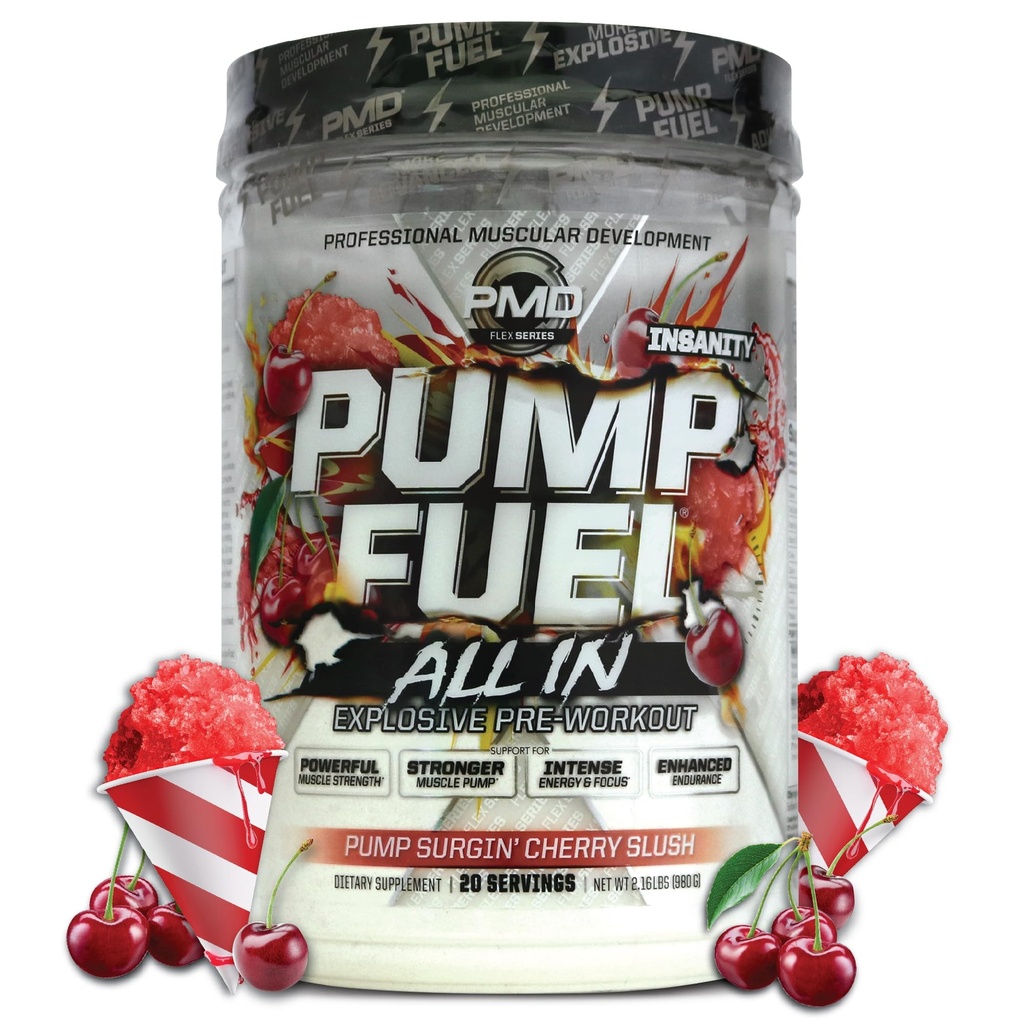 PMD 스포츠 펌프 연료 Insanity, Ultimate Pre Workout Powder & Muscle Pump, 최대 힘 에너지, 초점, 내구시간 및 복구, Creatine & Beta Alanine, 펌프 Surgin’ Cherry Slush, 20 서빙