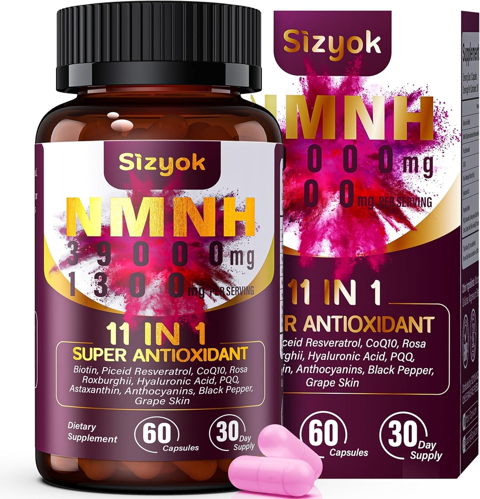 NMNH 보충교재 (Dihydronicotinamide Mononucleotide) 600mg의 NAD Resveratrol, CoQ10, Biotin & Hyaluronic 산을 가진 보충교재 | 지원 세포 에너지, 대사 & 피부 웰니스, 60의 캡슐, 분홍색