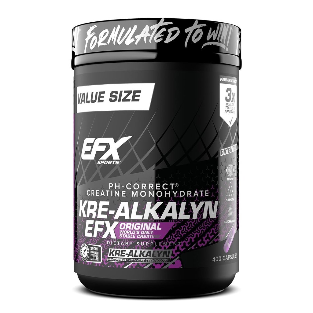 EFX Sports Kre-Alkalyn EFX | PH Correct Creatine Monohydrate Pill Supplement | 힘, 근육 성장 및 성능 | 200 서빙, 400 캡슐