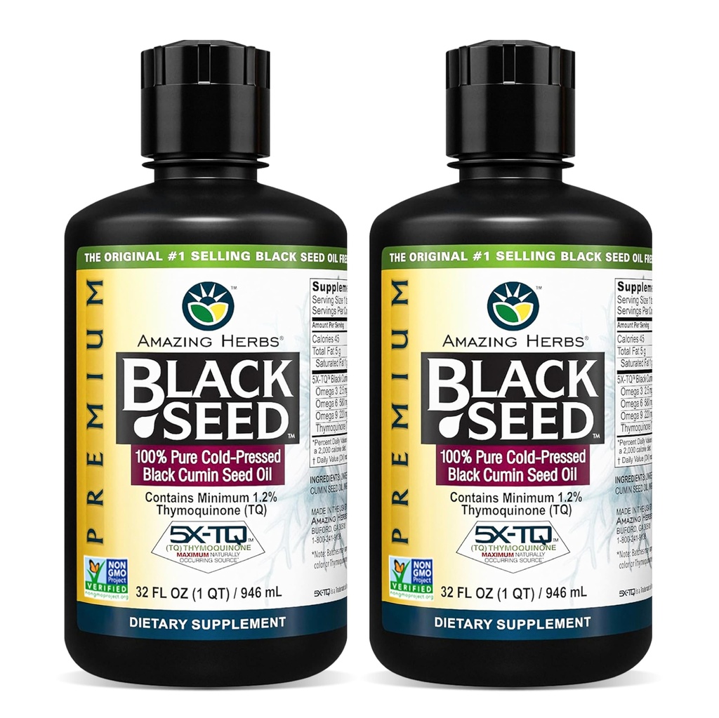 Amazing Herbs Premium Black Seed Oil - 소화 건강, 면역 지원, 뇌 기능, 관절 기동성, 글루텐 무료, 비 GMO - 32 Fl Oz (패치 2)