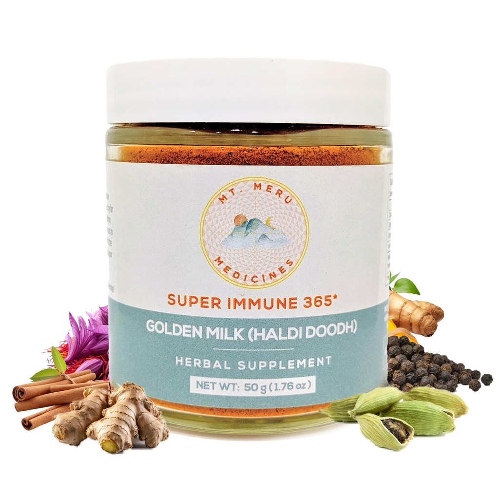 Mt.Meru Medicine Ayurvedic Haldi Doodh/Golden Milk Superblend- Immune Boosting Formula, Gluten-Free, 뇌 건강, 높은 Curcumin Lakadong Turmeric와 Gut 지원 (1.76oz/50g)