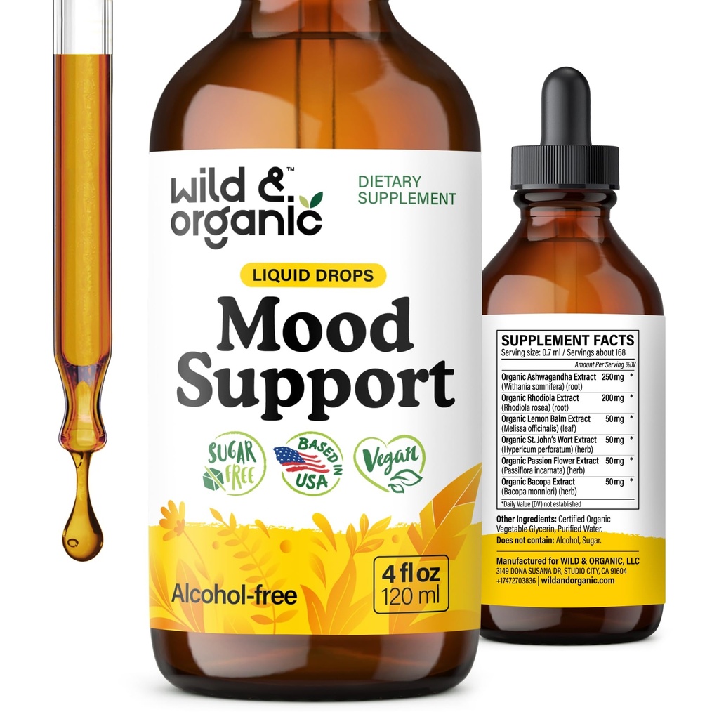 Wild & Organic Mood Support Supplement - 긍정적 인 에너지를위한 천연 액체 드롭 - 여성과 남성을위한 Calm Mind Supplement - Non-Alcohol Ashwagandha & Rhodiola Rosea Root Tincture for Good Mood - 4 oz
