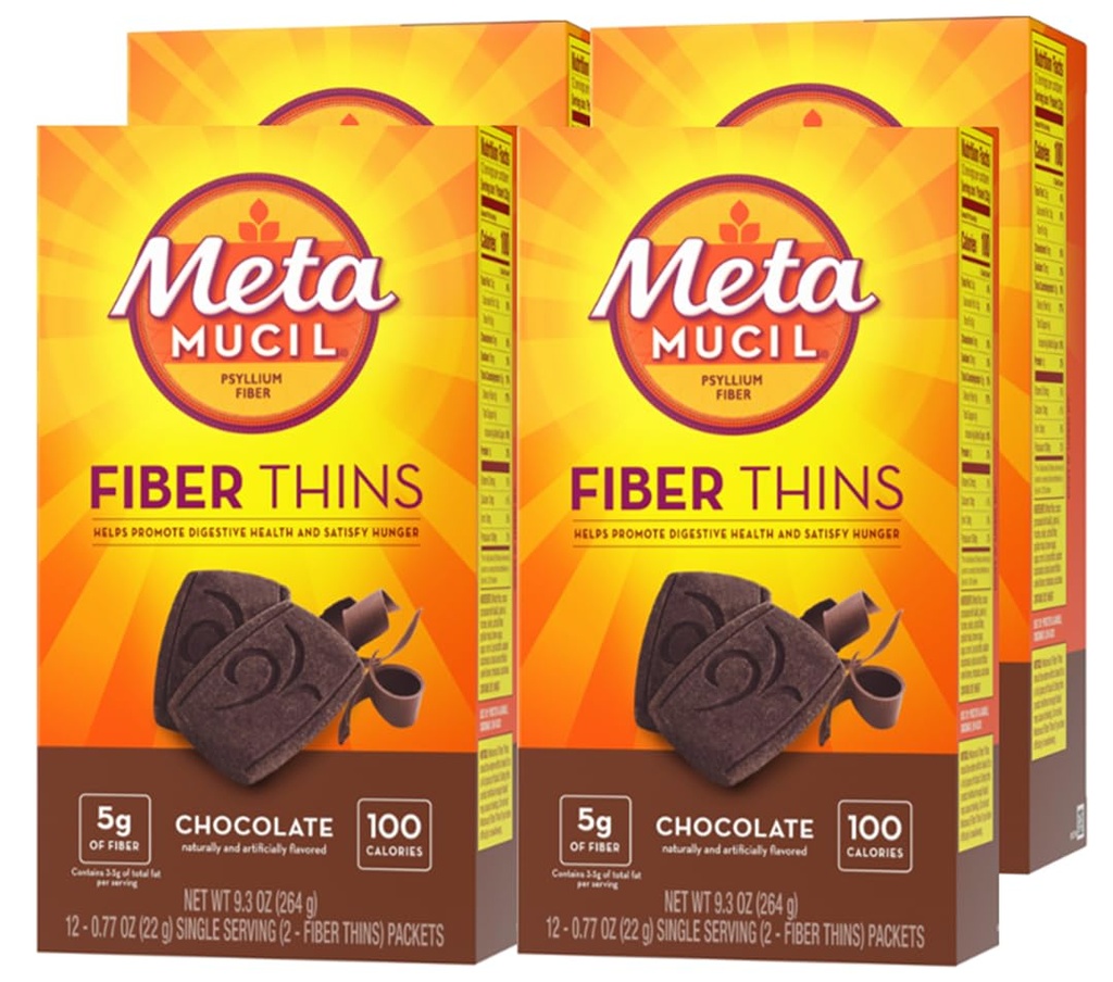 Metamucil, Fiber Thins, Daily Psyllium Husk Fiber Supplement, Digestive Health and Satisfies Hunger, 초콜릿 맛, 48 총 서빙 (4 팩 12)