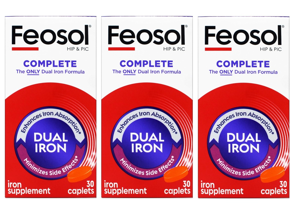 Feosol Bifera HIP & PIC 철 보충교재, 완전한 - 30의 모자, 3의 팩