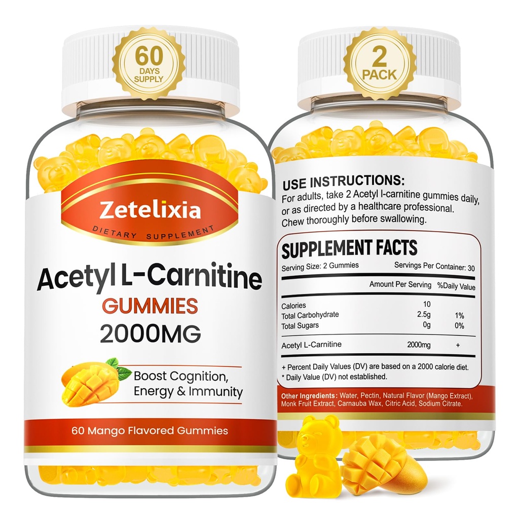 2 팩 Acetyl L 카르니틴 Gummies, 여성 & 남자를 위한 L 카르니틴 보충교재, Boost 에너지, Immunity & 뇌 건강, Vegan, 비 GMO, 망고 풍미, 120 조사를 위한 영양 보충교재