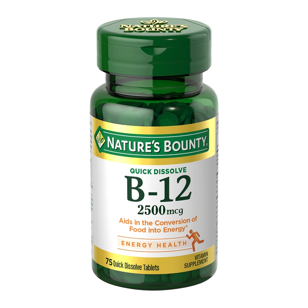 Nature 's Bounty Vitamin B12 2500 mcg, 에너지 대사, 심장 및 신경 시스템 건강, 75 빠른 용해 정제