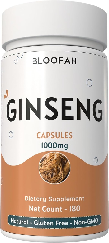 인삼 캡슐 1000mg 분말 | Panax Ginseng 초본 보충 | 천연, 비 GMO, 글루텐 프리 일일 웰니스 (180 개)