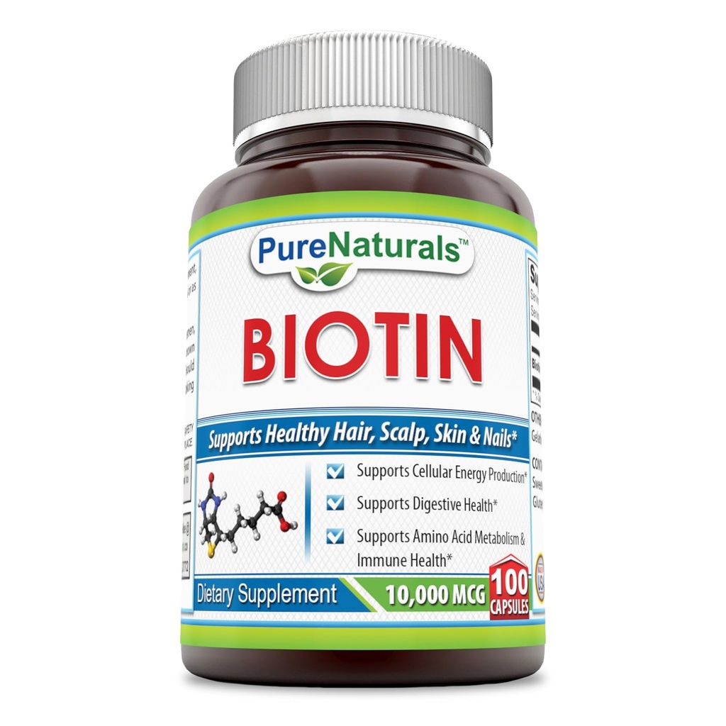 Pure Naturals Biotin 10,000 Mcg, 100 캡슐 지원 건강한 피부 & 헤어 - 전반적인 건강 증진