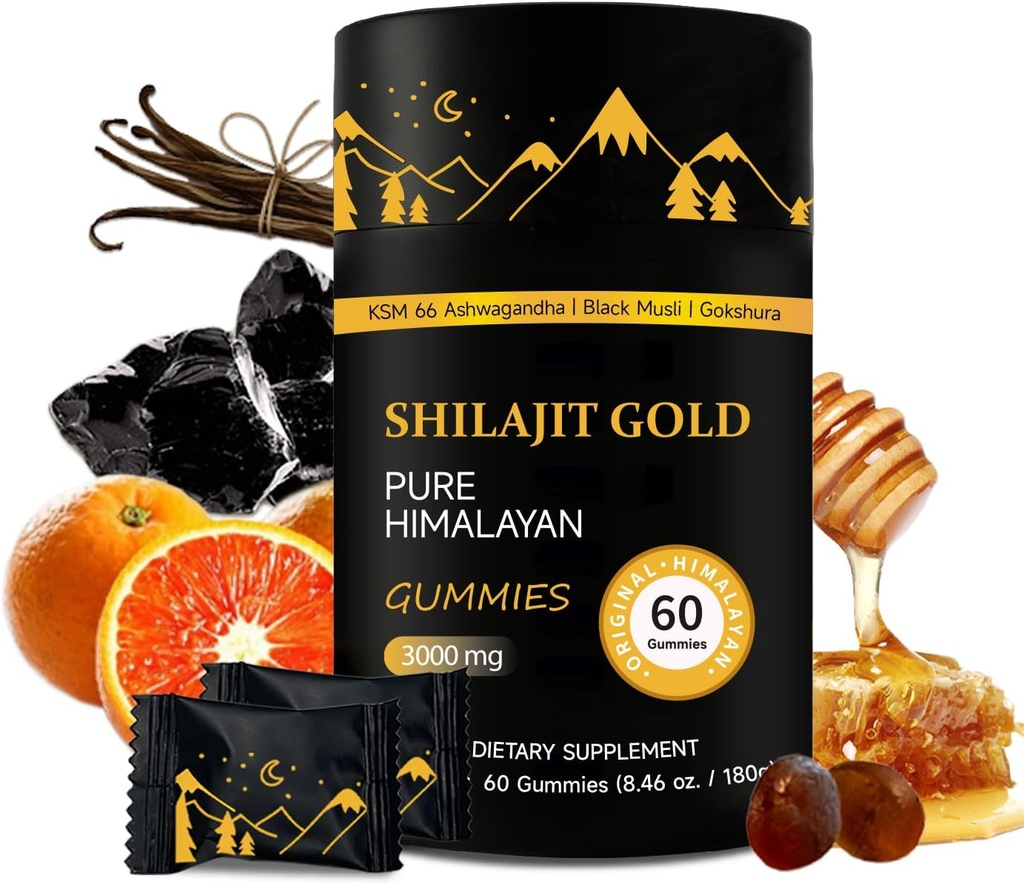 Shilajit Gummies | Pure Himalayan Shilajit Gummies Gold | Ashwagandha, Gokshura | 남성용 Fulvic Acid & 85+ Trace Minerals | Non-GMO | 실험실 테스트 | 추가 설탕 I 60 거미