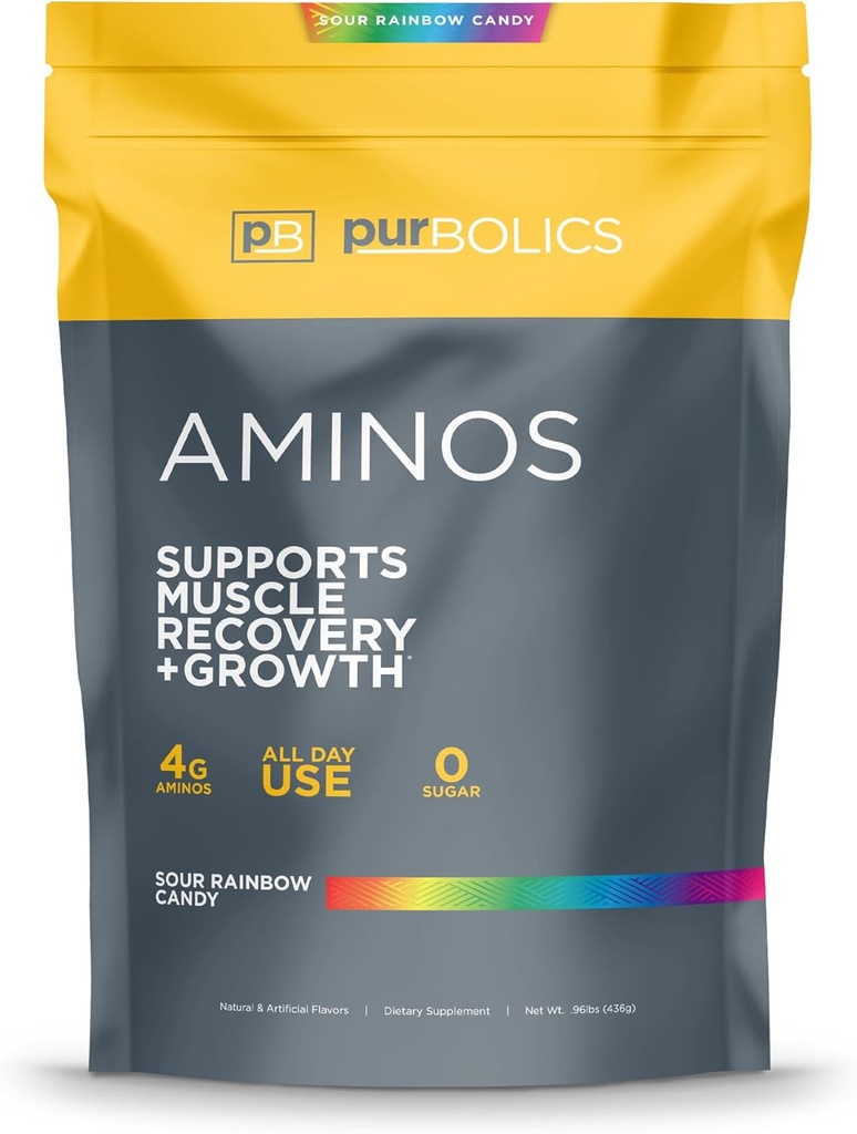 Purbolics Aminos | 무료형 아미노산 4g, 베타 알라닌, 0 설탕 및 60 서빙 (Sour Rainbow Candy)