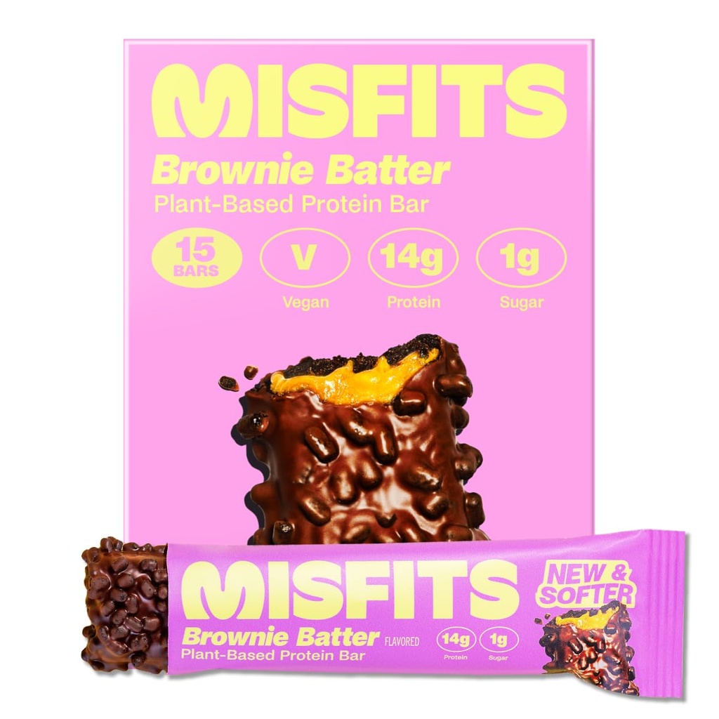Misfits Vegan Protein Bar, Brownie Batter - 업데이트 된 레시피 | 공장 기반, 낮은 설탕 및 캐비넷, 높은 섬유 스낵 | 15 팩