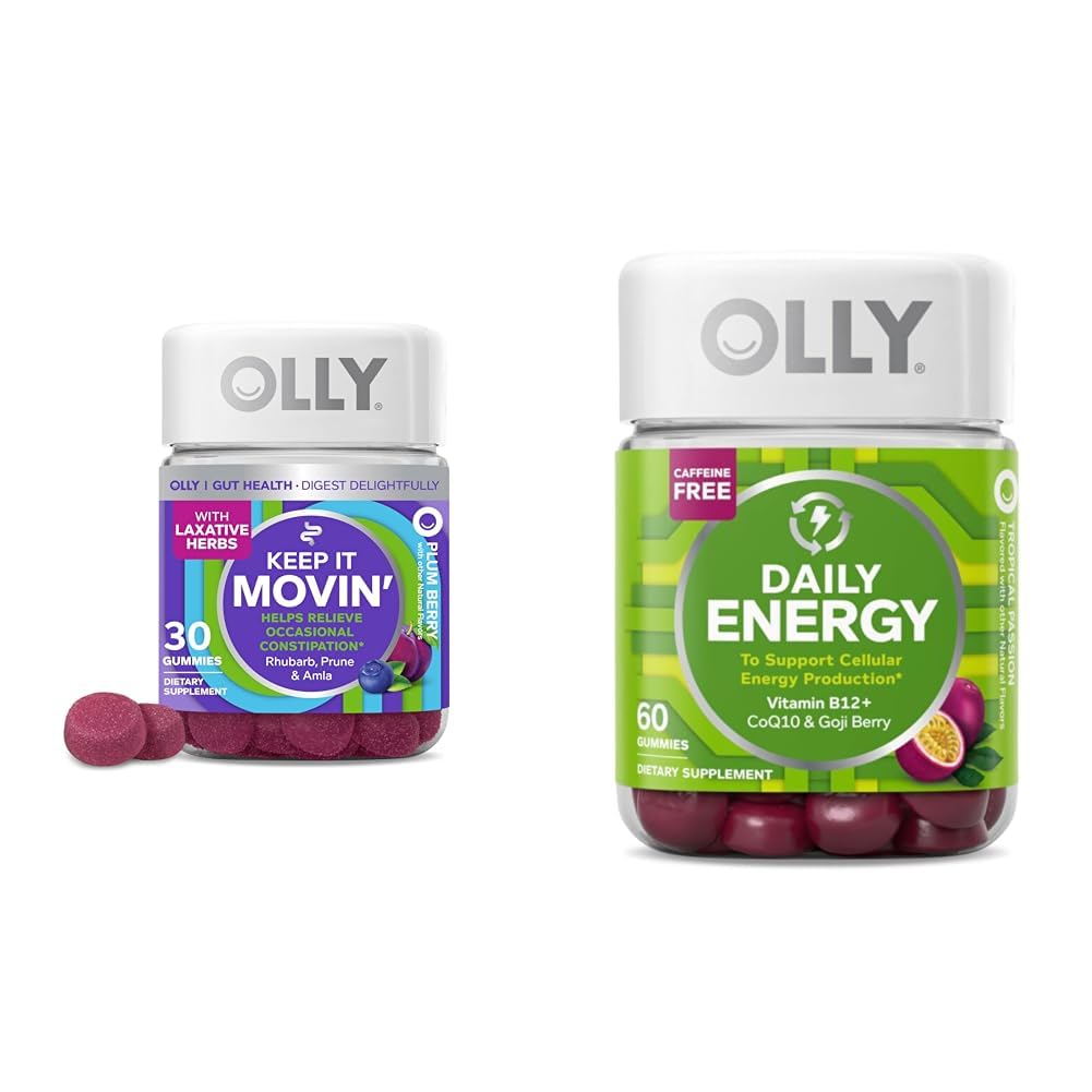 OLLY 변비 완화 30ct, 에너지 거미 60ct - Rhubarb Prunes Amla Berry, B12 CoQ10 Goji Tropical
