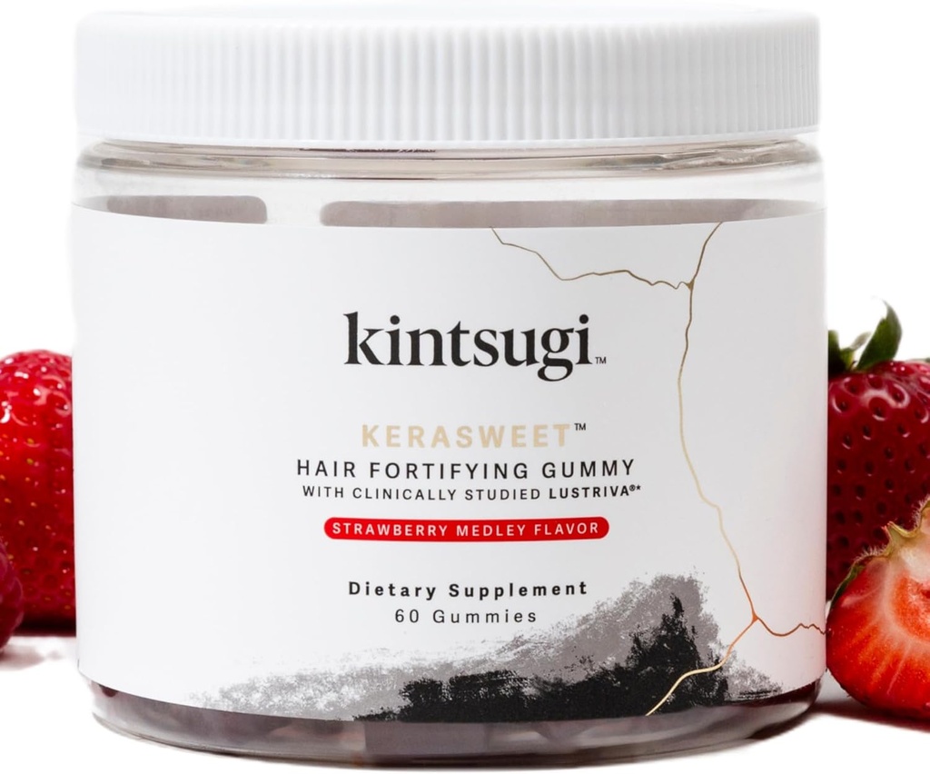 Kintsugi KeraSweet Hair Fortifying Gummy- Help Combat Signs of Aging Hair, 강한, Voluminous Strands- Supports Healthy, Fuller Looking Hair w/ B12, Saw Palmetto, ACV (딸기, 60ct)