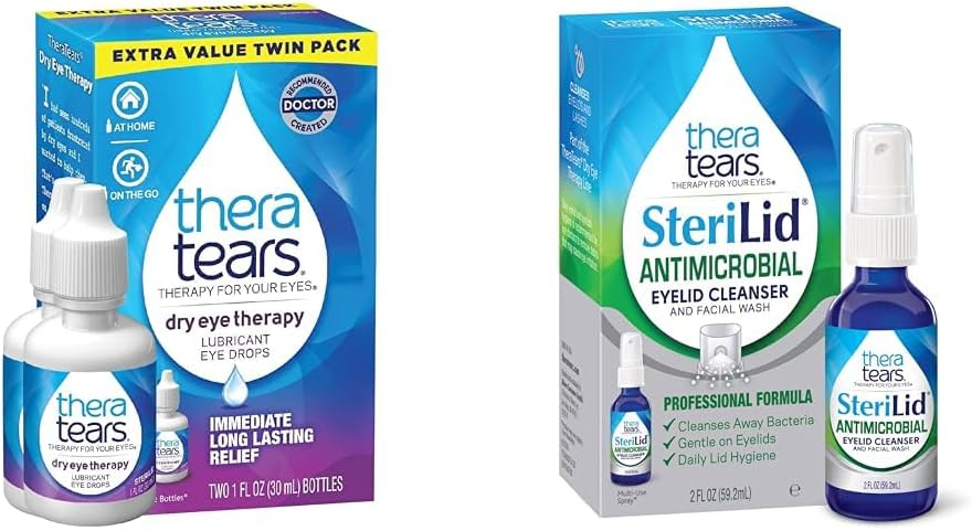 TheraTears 건조한 눈 치료는 건조한 눈, 1개의 fl oz 병 쌍둥이 팩 & SteriLid Eyelid 세척을 위한 눈 강하를 기름을 바르고, 과민한 눈, 2개의 fl oz 살포를 위한 얼굴 세척을 말립니다