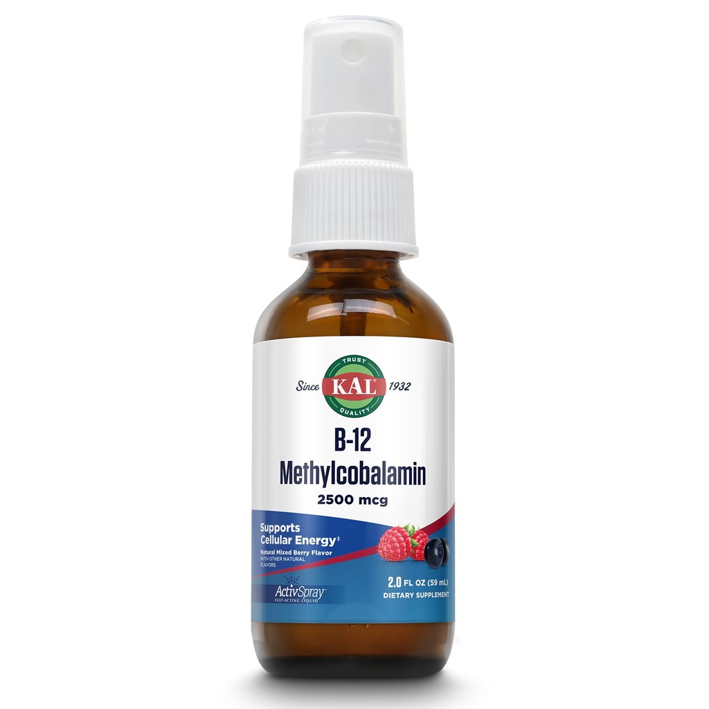 KAL 비타민 B12 Methylcobalamin ActivSpray 2500mcg의 건강한 에너지, 대사, Nerve & 빨간 혈액 세포 지원, * 빠른 행동 액체 B12의 최대 흡수, 자연적인 베리 풍미, 80의 서빙, 2개의 fl oz