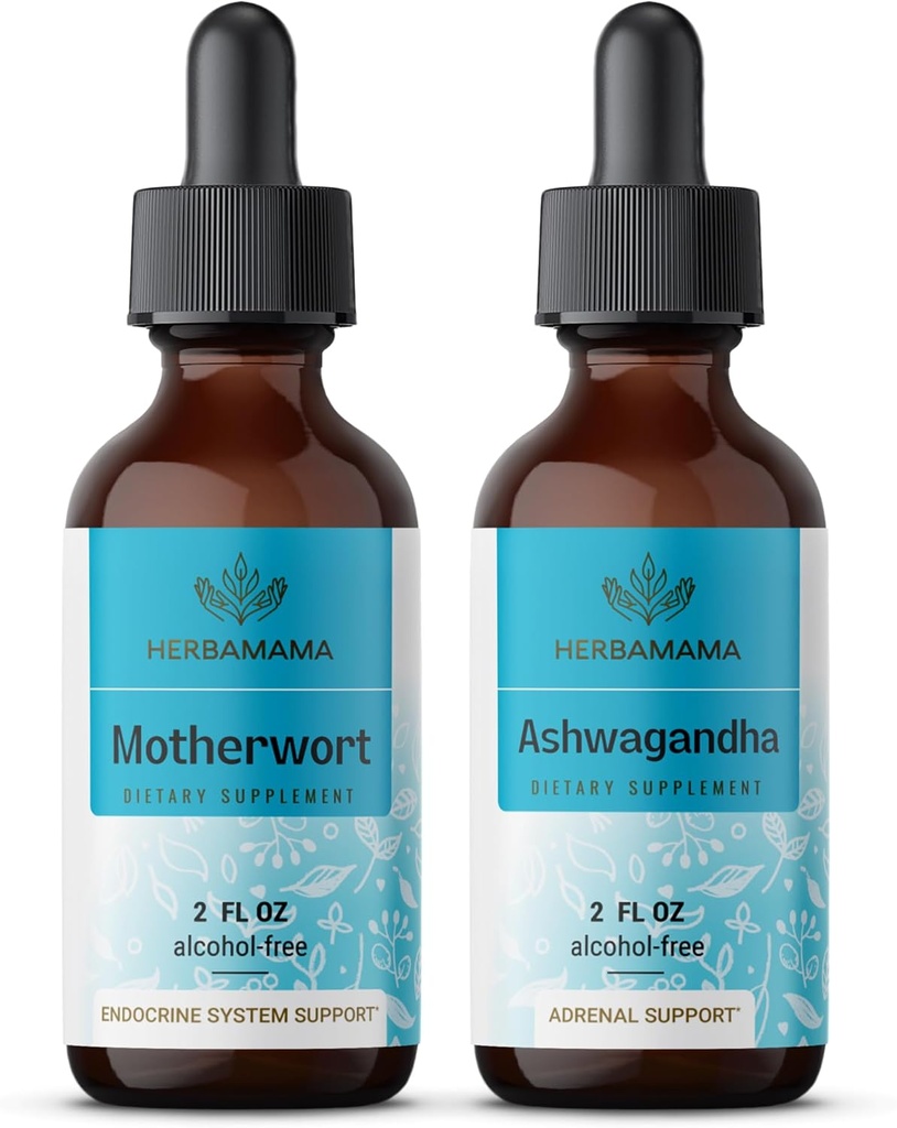 HERBAMA 허브 액체 드롭 키트 - Motherwort 추출 및 Ashwagandha Tincture 2 fl oz의 번들 - Vegan, Non-GMO, Sugar & Alcohol-Free - 2 Pack