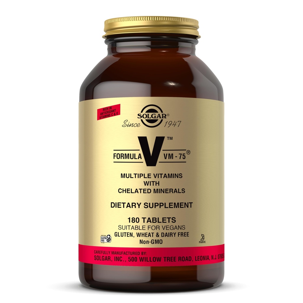 Solgar 공식 VM-75, 180 정제 - 킬레이트 무기와 다비타민 - 비타민 A, B6, B12, C, D, E - Biotin, 마그네슘, 칼슘, 철, 아연 - 덩굴, 글루텐 무료, 낙농장 무료, 고셔 - 180 서빙