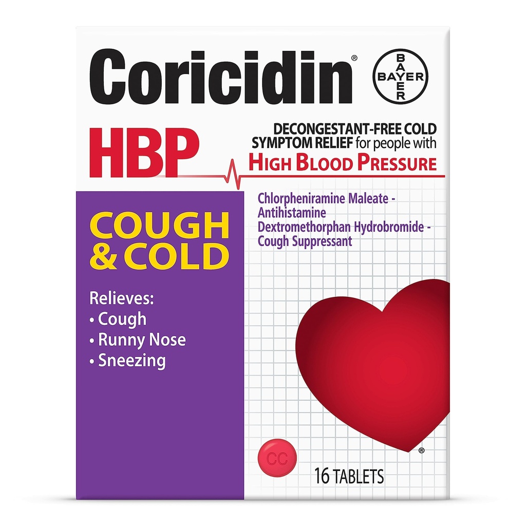 Coricidin HBP Decongestant-Free 기침과 찬 약 - 고혈압, 기침, Runny Nose, Sneezing 및 찬 증상 (16 조사)를 위한 특별히 디자인된 기복
