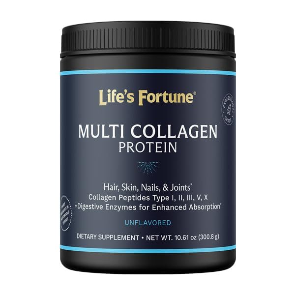 멀티 콜라겐 펩타이드 타입 I, II, III, V & X Hydrolyzed Protein Powder – Digestive Enzyme와 혼합 – 피부, 헤어, 손톱, 관절 및 Gut Health, 불확실