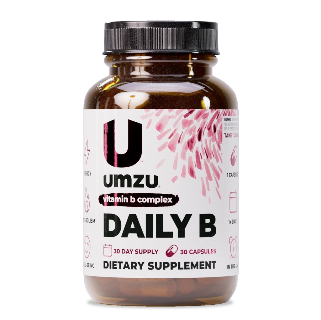 UMZU Daily B | 100 % B1, B2, B3, B5, B6, B7, B9 및 B12와 엽산 포함 비타민 B 복합체 | 천연 에너지 생산 및인지 기능 지원 (30 일 공급 | 30 캡슐)
