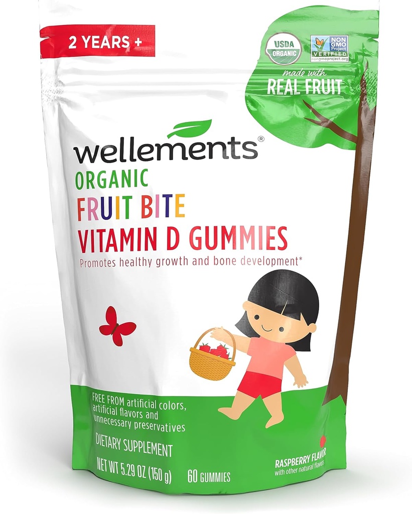 Wellements Organic Fruit Bite Vitamin D Gummies | 비타민 D3 Gummy for Kids, 건강한 성장 및 뼈 발달 *, 라즈베리 맛 | 60 일 공급, 나이 2 +