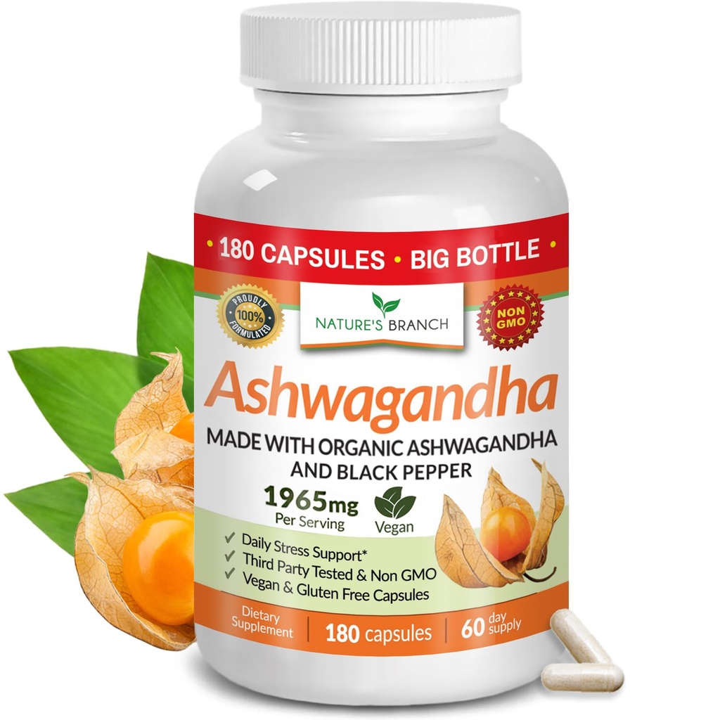 UDAF Verified Organic Ashwagandha with Black Pepper - 180 캡슐 - Stress, Sleep, Mood, Thyroid, Focus, Hair, Vegan Pure Root Extract Powder - 남성 및 여성 보충제