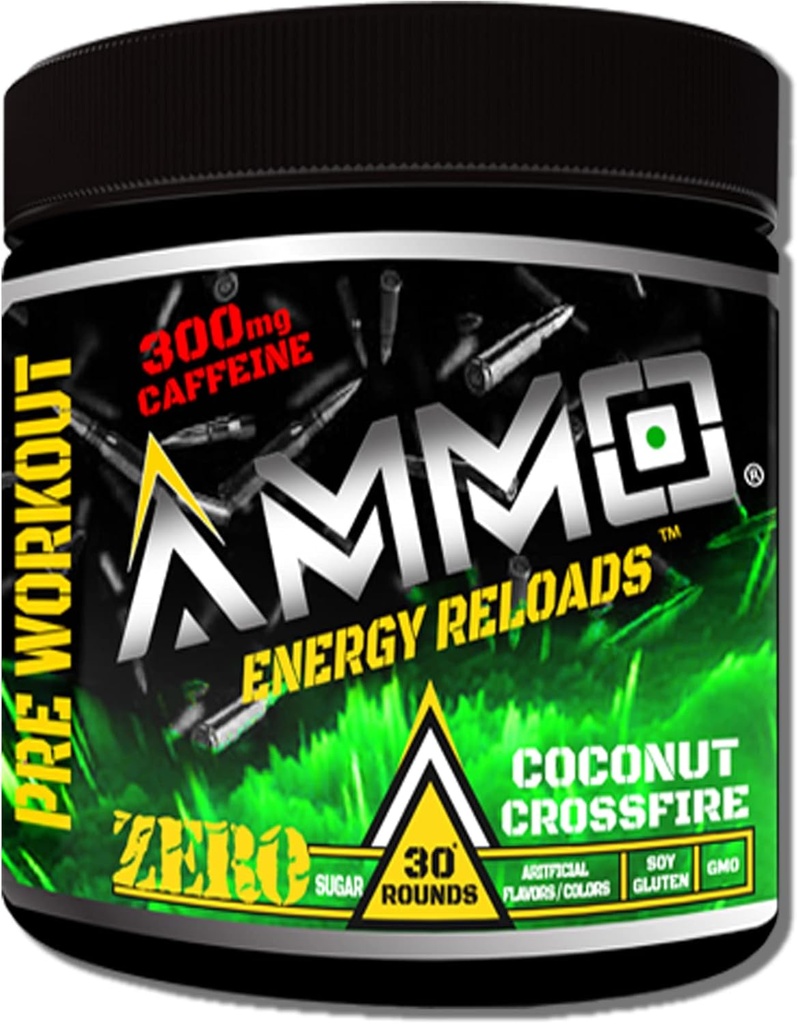 AMMO ® Energy ReloadsTM Pre Workout Powder - 300mg Caffeine Zero Sugar Vital Aminos 및 Electrolytes 인공 향료 또는 색상 (Coconut Crossfire)