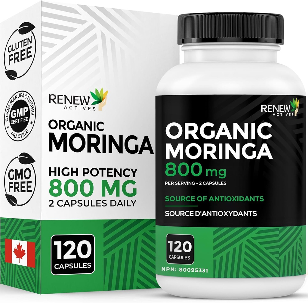 Renew Active Moringa Leaf Supplement 800MG per 2 Capsules- Antioxidant-Rich Moringa Oleifera - 좋은 건강 및 웰빙 촉진 - 삼키기가 용이 - 캐나다 - 120 캡슐