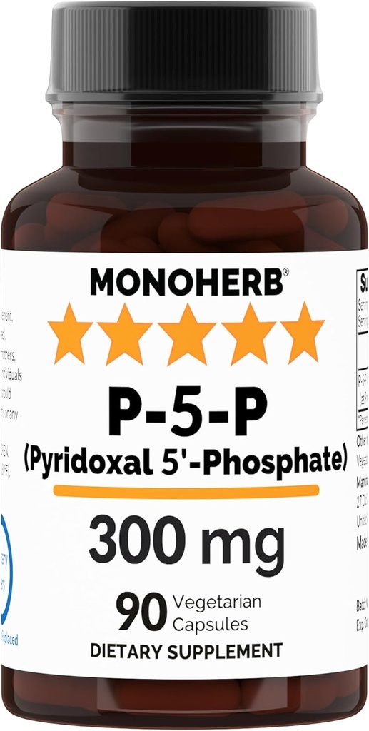 MONOHERB Pyridoxal 5-Phosphate 300 mg - 90 채식 캡슐 - P5P 활성 비타민 B6 - 높게 Bioavailable
