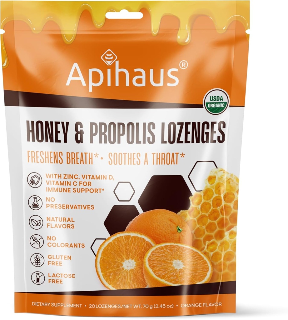 꿀과 프로 폴리스 Lozenges 오렌지 맛, 신선한 호흡 - 비타민 C, 비타민 D 및 아연, 20 카운트와 스노트 - 면역 지원