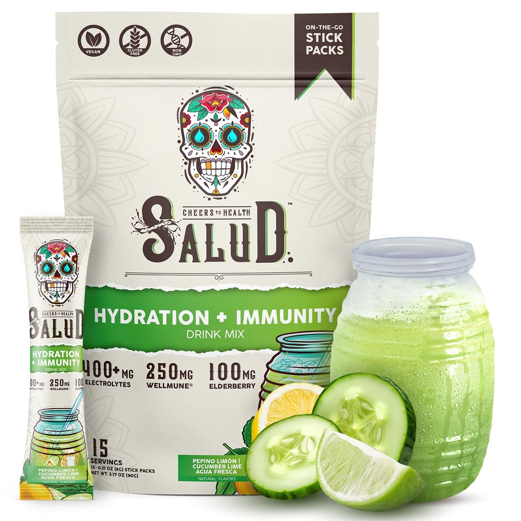 Salud 2-in-1 Hydration Packets + Immunity Electrolytes Powder, Cucumber Lime - Agua Fresca 음료 혼합, Elderberry, Dairy & Soy Free, Non-GMO, 글루텐 무료, Vegan, 낮은 칼로리, 1g Sugar (15 서빙)