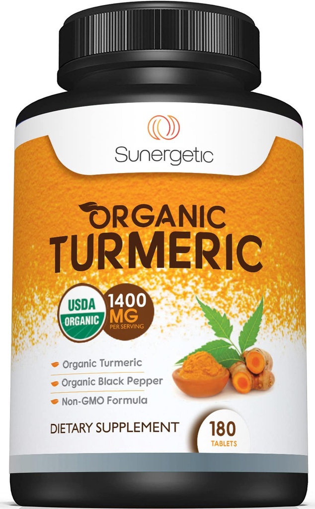 Sunergetic USDA 인증 유기 심황 보충 – 유기 심황 & 유기 블랙 페퍼 포함 – 서빙 당 심황의 1,400mg - 180 조사 (1의 포장)