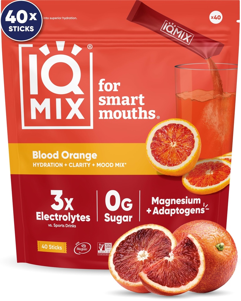 IQMIX Hydration Electrolyte Powder – 4in-1 Formula for Hydration, Mental Clarity, Mood 및 Recovery – Sugar-Free 음료 혼합, Keto, Magnesium L-Threonate, Lion’s Mane – 40 Count Blood Orange