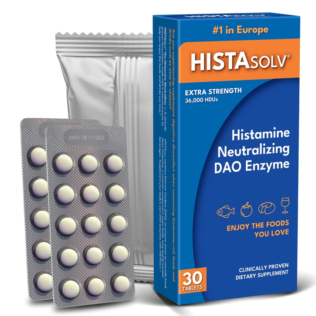 HISTAsolv 여분 힘 DAO 효소 보충교재 Histamine 음식 Intolerance - Eases 소화 Discomfort - 특허 기술 - 오스트리아에서 만드는 - 30 팩