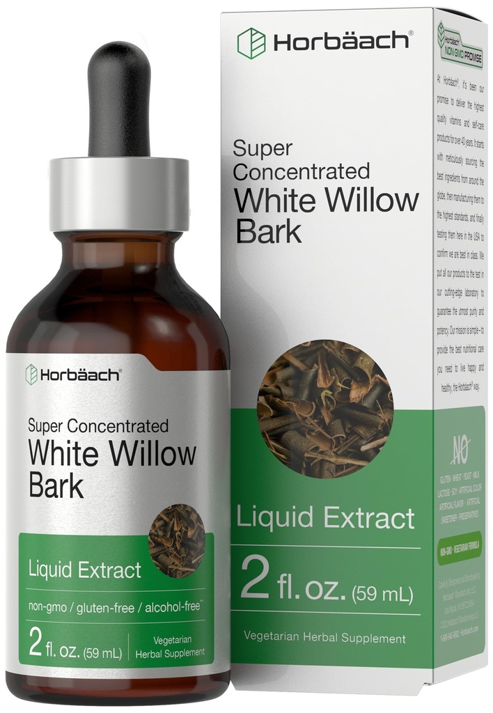 Horbäach White Willow Bark Extract Tincture | 2 Fl oz | 알코올 무료 액체 보충 | Super Concentrated | 채식주의, 비 GMO, 글루텐 무료