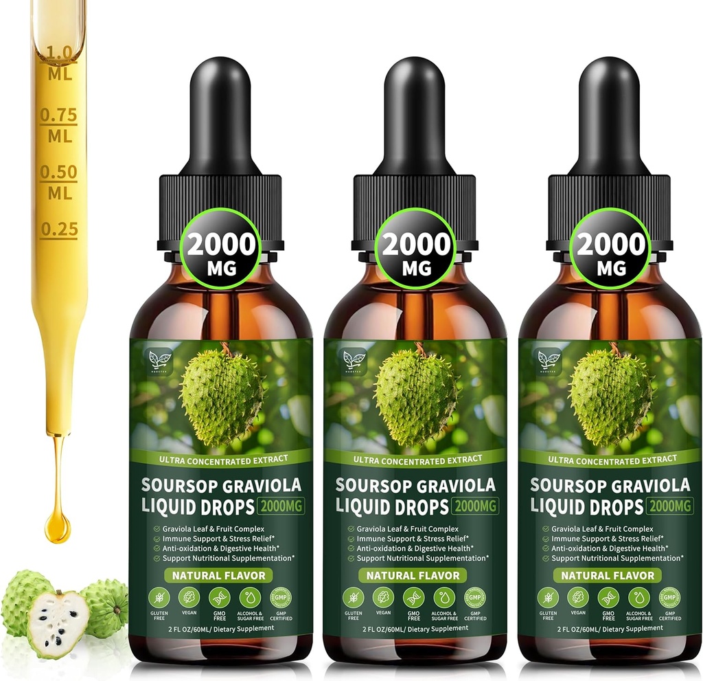 (3 팩) Soursop Graviola 액체 하락 2000mg의 세포 지원 & 재생, 면역 부스트, 간결, 초본 Goodness, Soursop Bitters 액체Sugar/Gluten를 위한 98% 흡수는, 자연적인 풍미, 6 Fl Oz 해방합니다