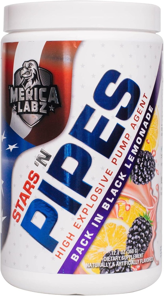 'Merica Labz Stars 'N Pipes High Explosive Pump Agent, Stimulant-Free, L-Citrulline 6G, 20 서빙 (Black Lemonade)