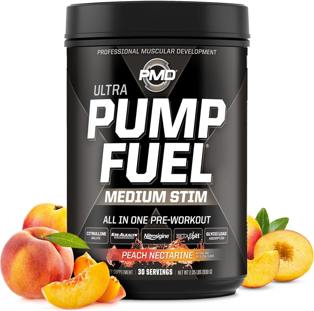 PMD 스포츠 펌프 연료 Ultra Medium Stim - 프리미엄 사전 운동 분말 및 근육 펌프, 더 큰 초점, 내구시간 및 복구, 프리미엄 크레아틴, 아르기닌 & 베타 알라닌 - 복숭아 Nectarine (30 인분)